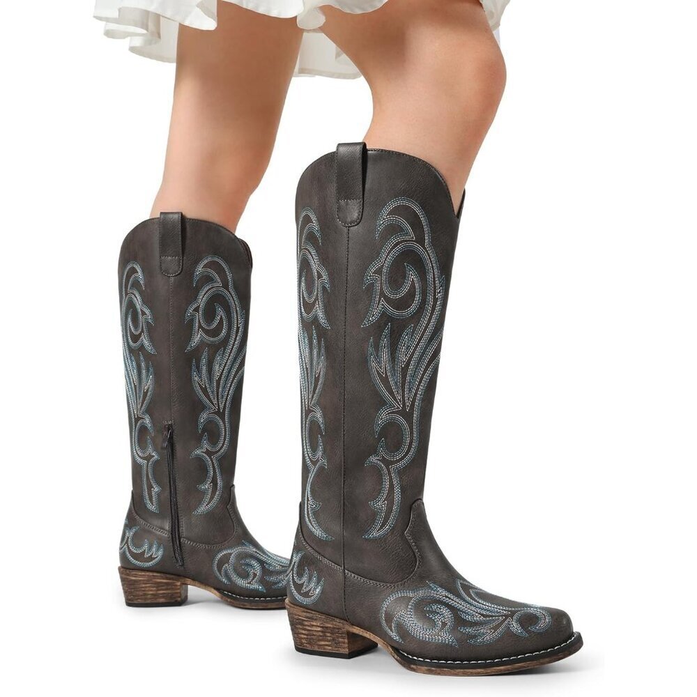 Women's Dark Brown Embroidered Cowboy Boots Comfortable Cowgirl Knee High Boots - Picture 6 of 8
